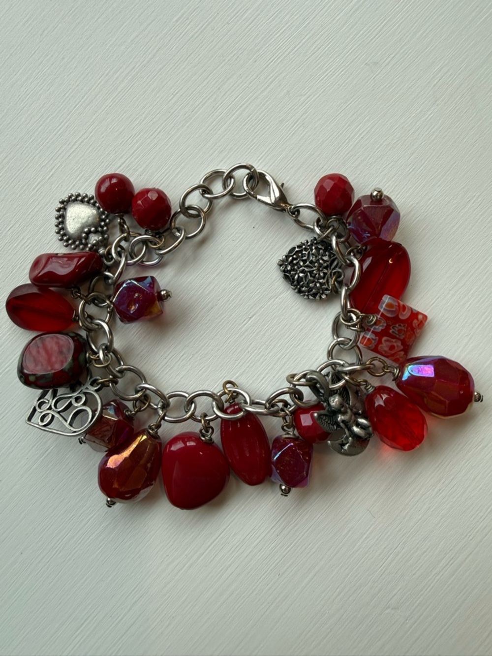 Red Beaded Bracelet with Heart Charms